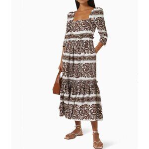 NWT Cara Cara Blue Hill Printed Midi Dress in Linen Burgundy Size M